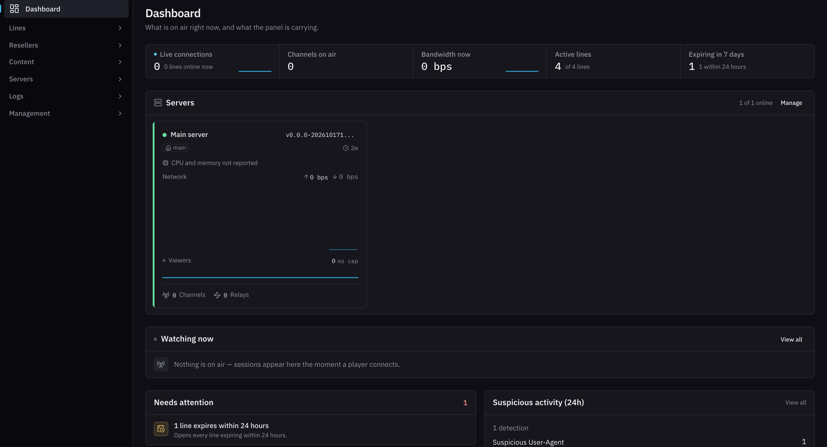 The streamars dashboard showing live connections, channels on air, bandwidth, active lines and server status