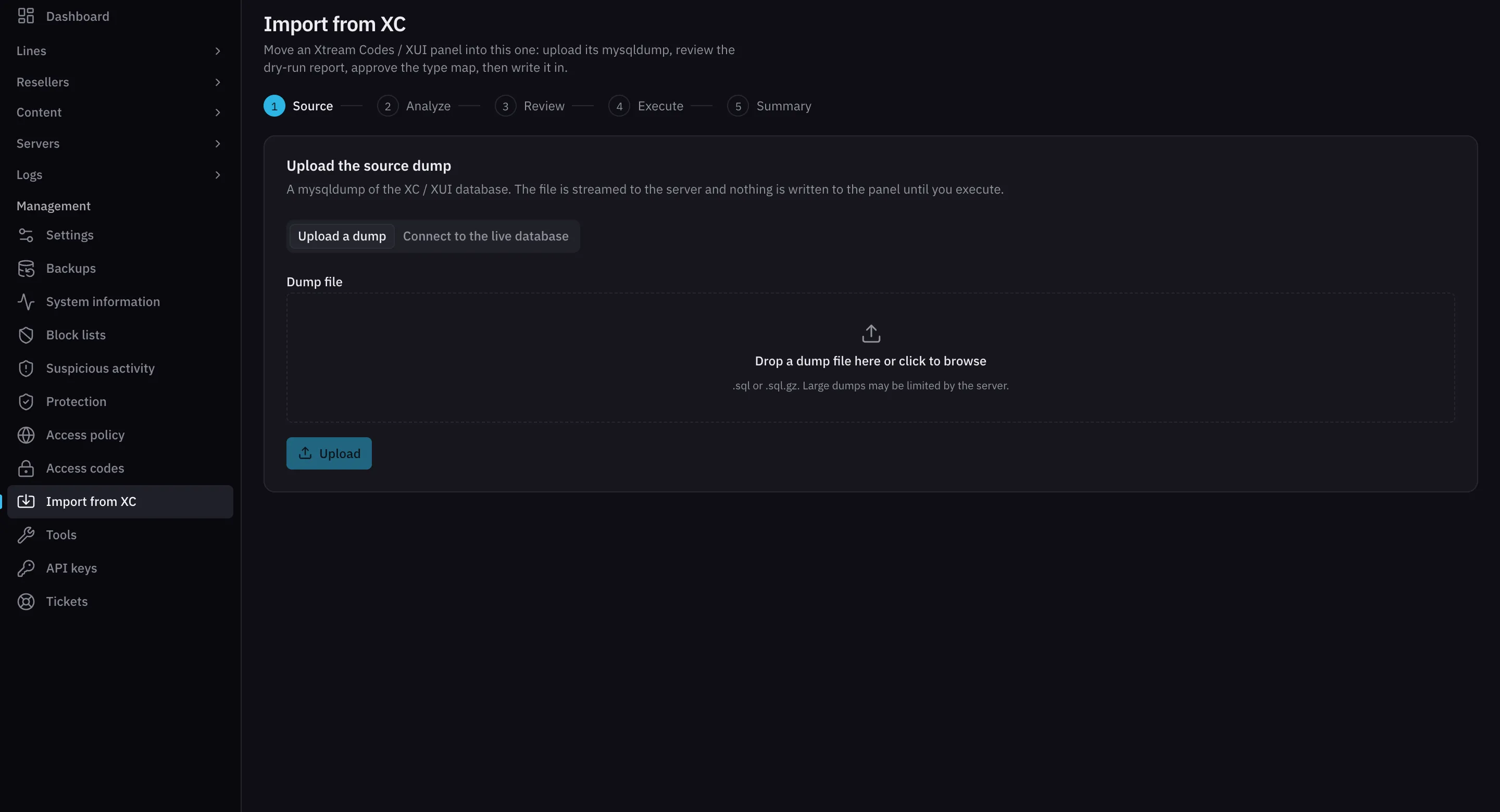 The import wizard in streamars with its five steps: source, analyze, review, execute, summary